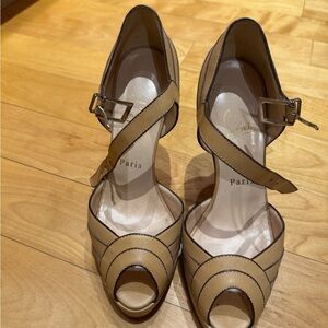 Christian Louboutin Tan Leather Peep-Toe Ankle Strap Heels